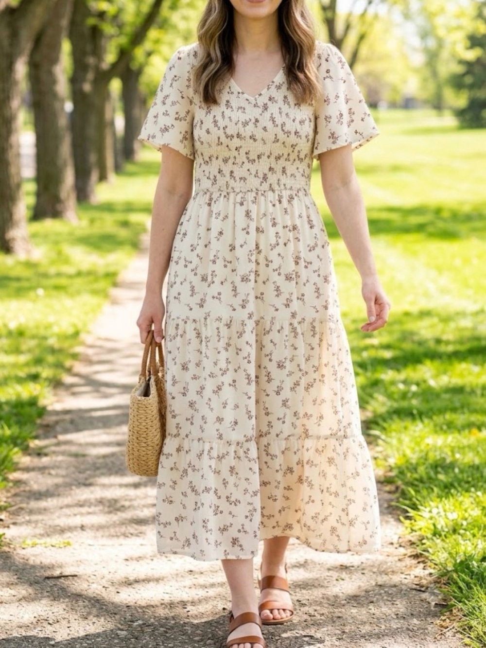 Women's Cream Floral Midi Dress with V-Neck